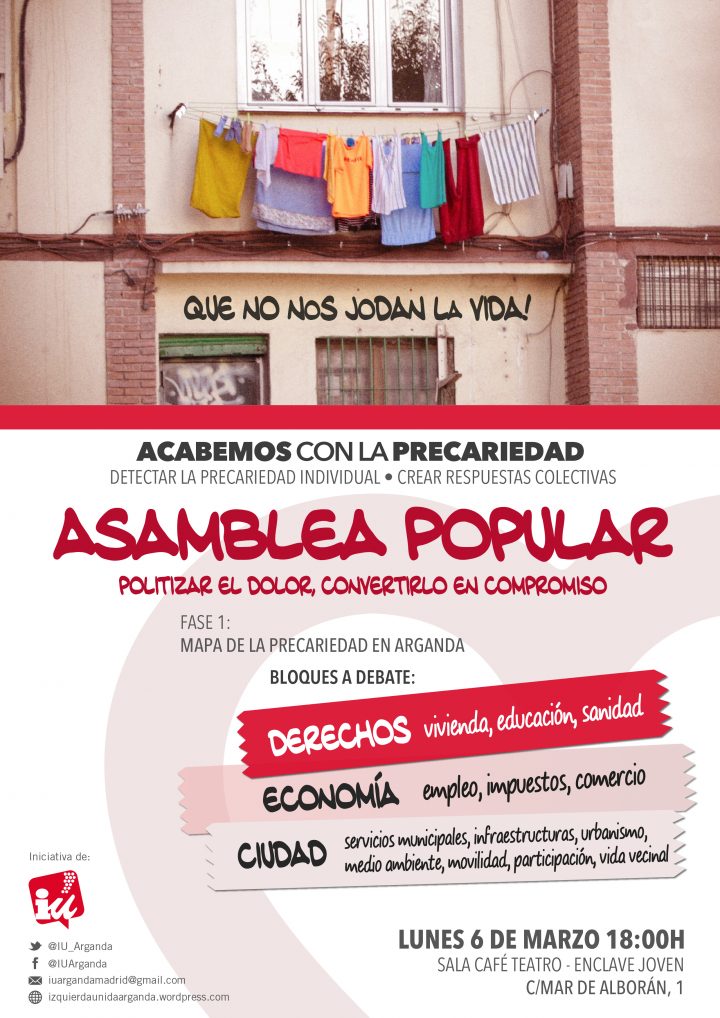 IUArganda - Asamblea ¡Que no nos jodan la vida! - Cartel